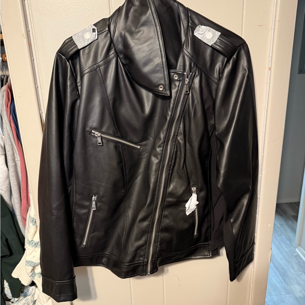 Black Faux Leather Jacket with Zipper Details